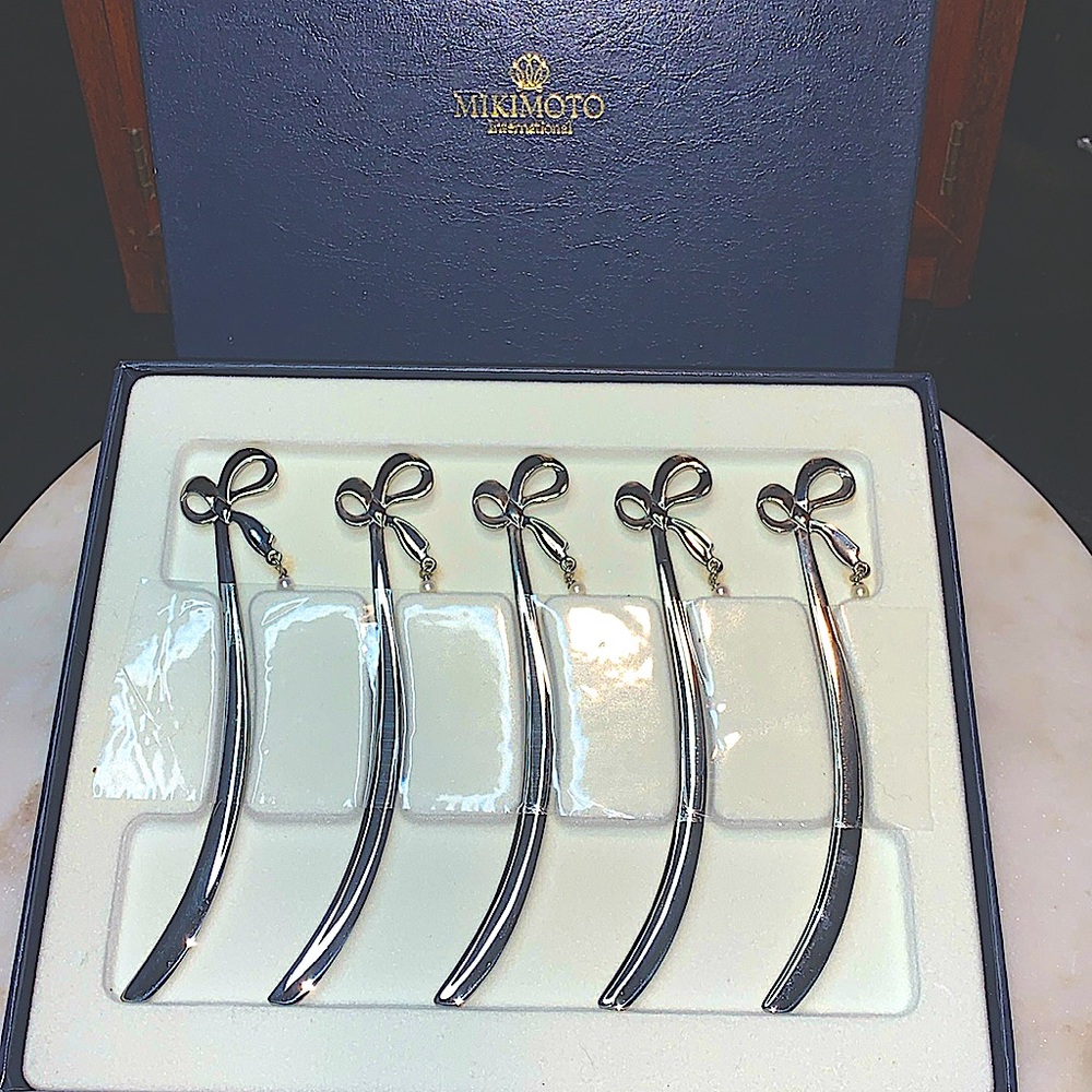MIKIMOTO INTERNATIONAL MUDDLERS COCKTAIL STIRRERS PEARL SILVER  SET OF 5 NIB